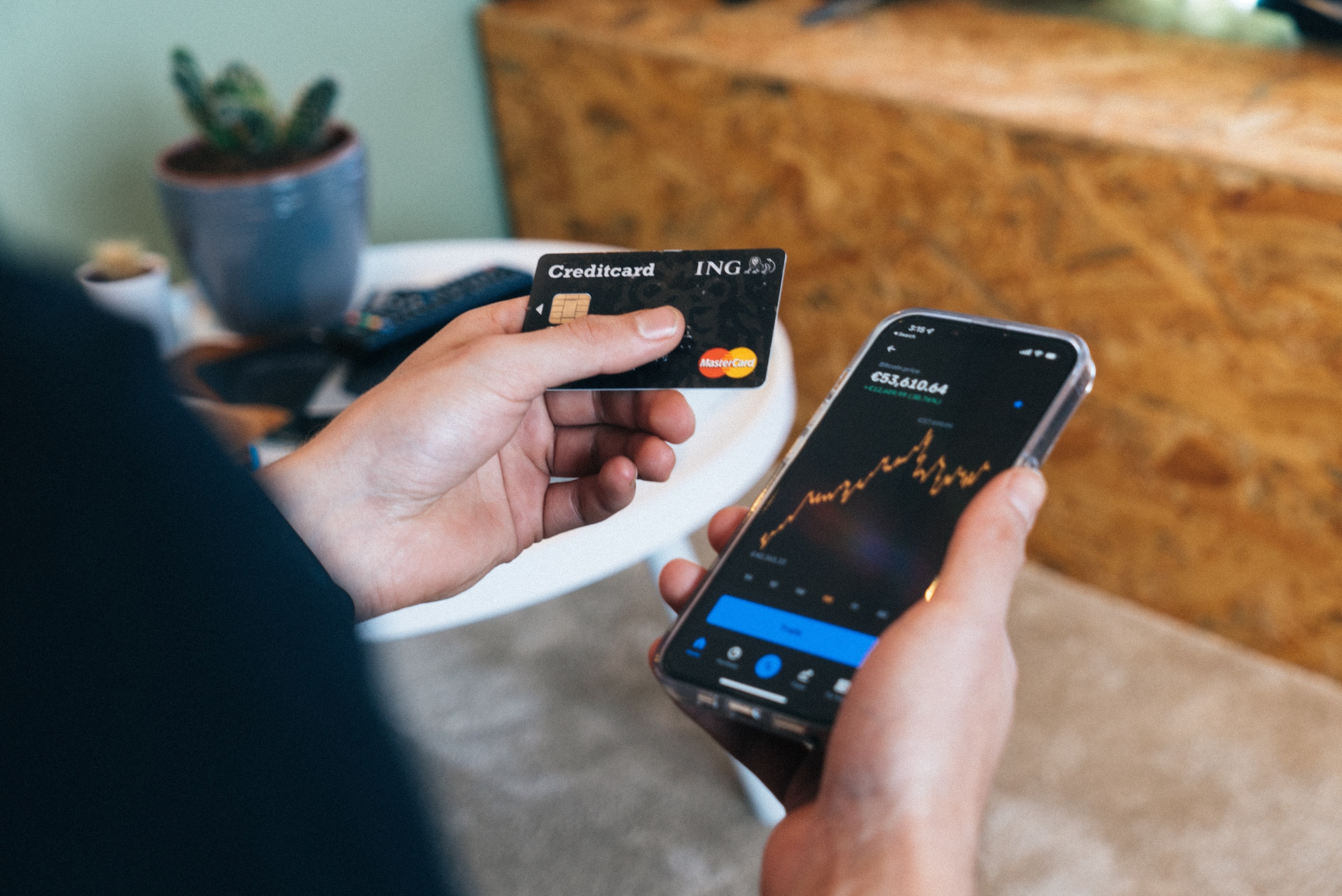 person holding credit card and smartphone in hands